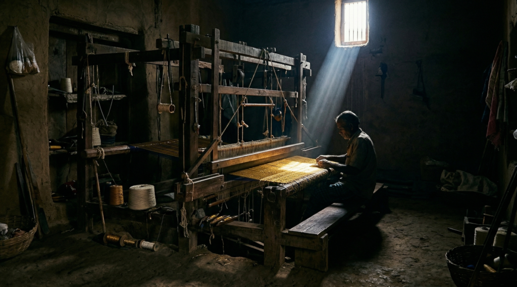 A moody, atmospheric photograph of a weaver sitting at a large wooden handloom in a dimly lit workshop in Varanasi. A strong shaft of sunlight from a small window illuminates the gold zari silk fabric he is weaving, casting the rest of the room in shadow.