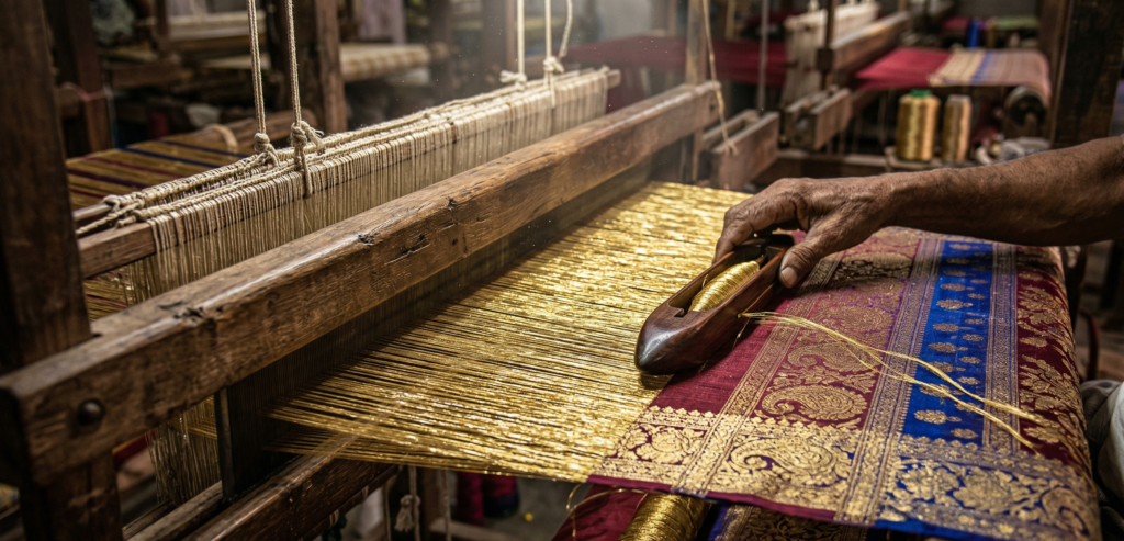 Close-up of traditional Banarasi silk weaving on a handloom showing intricate gold zari floral patterns.